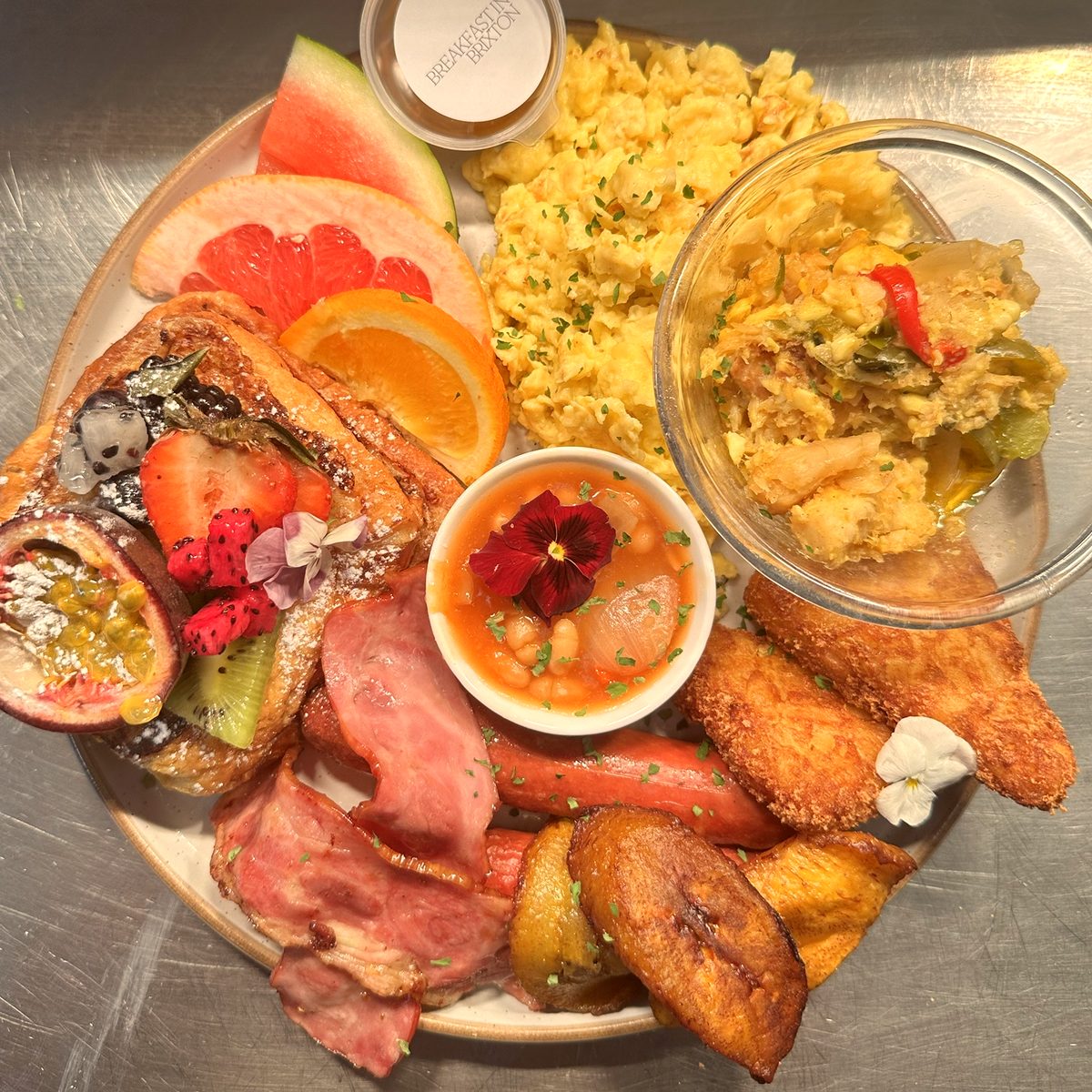 The Boss Box: ackee and saltfish, scrambled eggs, plantain, bacon, French toast and fruit