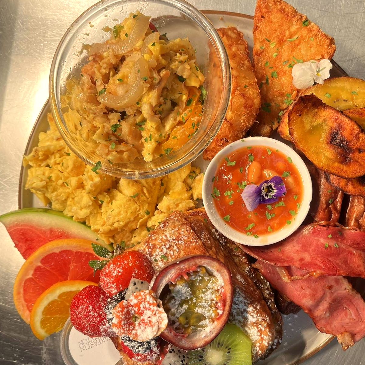 The Boss Box: ackee and saltfish, eggs, plantain, bacon and French toast